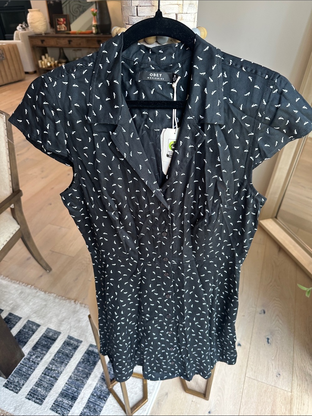 Obey Black Button-Front Cap-Sleeve Shirt Dress with White Micro Print